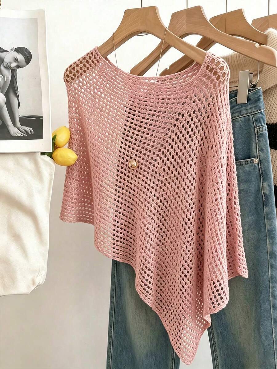 SHEIN Franclia 鏤空半透明圓領不對稱下擺毛衣 - 粉色 - 查看 1