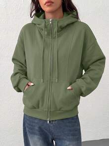 SHEIN EZwear 女款前拉鍊長袖口袋連帽衫 - 軍綠色 - 查看 4