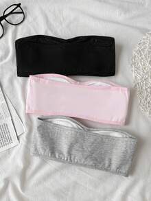 SHEIN Tween Girl 3件組休閒抹胸內衣背心內搭衫，黑白粉，四季皆宜 - 粉色 - 查看 2