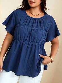 Edennvi Blusa holgada de talla grande con cuello redondo, mangas con volantes y fruncido, azul marino, casual de verano para vacaciones y oficina - Azul - Ver 3