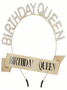1件裝玫瑰金生日女王披肩搭配水鑽皇冠頭飾，亮片Happy Birthday女款頭帶，派對拍照亭裝飾配件套組 - B-粉紅色 - 查看 6