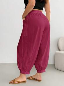 Shapeblank Plus Size Women Solid Color Drawstring Waist Casual Versatile Daily Travel Long Pants - Red Violet - View 3