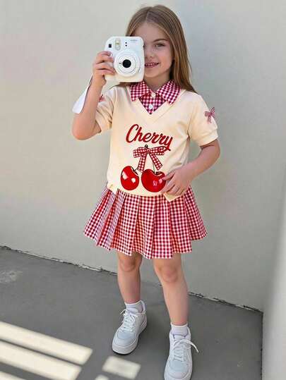 Elladie kids 2件組少女短袖上衣與格紋裙套裝，櫻桃與字母印花襯衫，甜美時尚穿搭，適合夏季、職業日、開學季