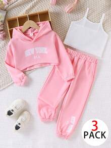 Elladie kids Young Girl Letter Print Hoodie T-Shirt Long Pants Camisole Set Back To School White Autumn - Pink - View 4