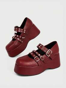 Sugerpunk Sandal Platform Bertumit Lame dengan Gesper Berduri untuk Wanita. - Burgundy - View 5