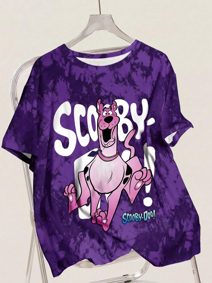 SCOOBY-DOO X SHEIN 大码字母与卡通图案圆领短袖T恤 - 白色 - 查看 1