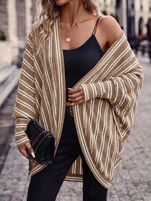 SHEIN Frenchy Spring/Autumn Casual Color-Block Striped Batwing Sleeve Jacket - Brown - View 6