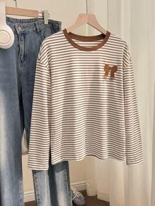 Comfortcana Women's Striped Patchwork Bow Print Casual Daily Long Sleeve T-Shirt - Multicolor - View 7