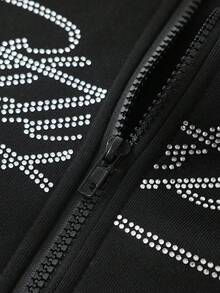 ROMWE MEN Men's Letter Flashing Diamond Double Layer Hooded Loose Zipper Front Sweatshirt - Black - View 4