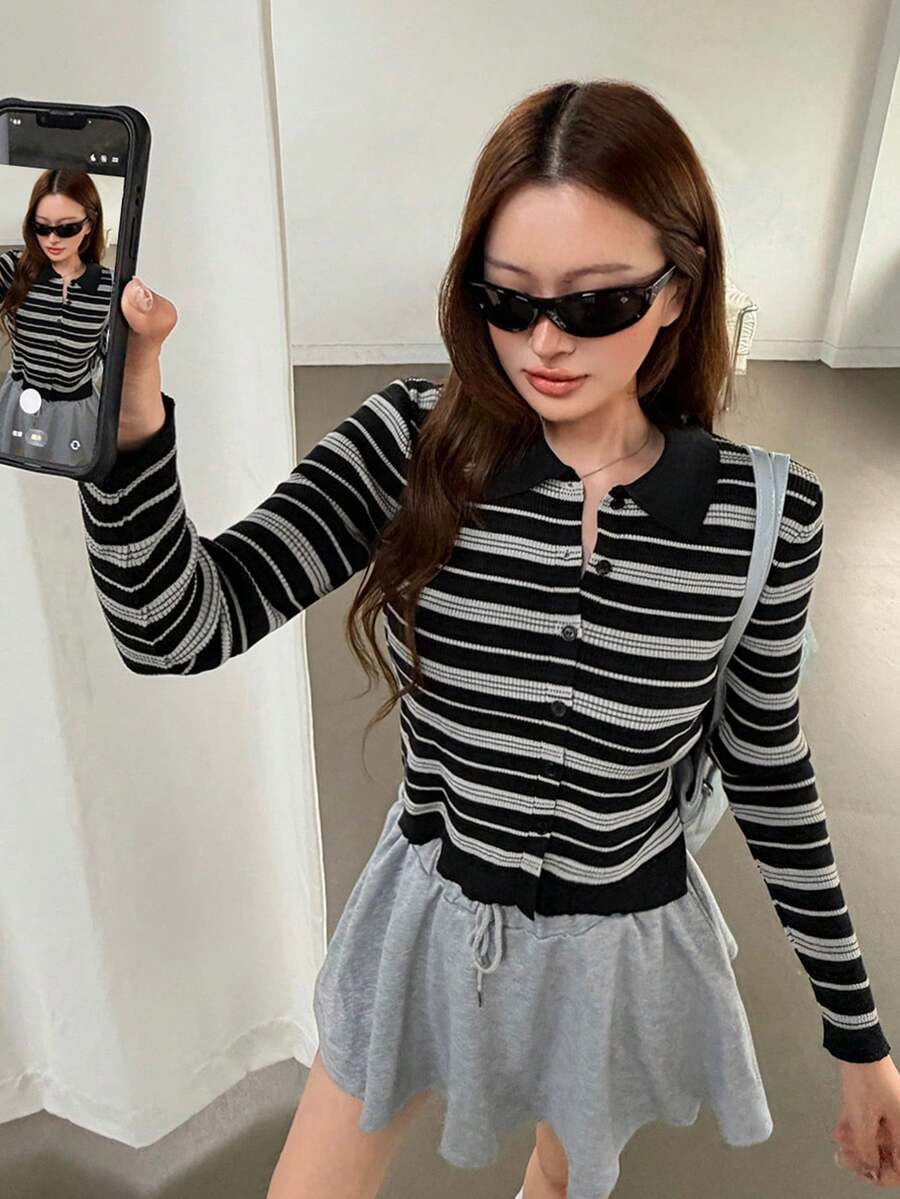 K-Vae Áo cardigan nữ kẻ sọc phong cách thường ngày đa năng - màu đen - Xem 1