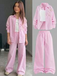 SHEIN Elladie kids 女童3件套 粉色直條紋領口長袖襯衫，飾有3D珠飾花卉裝飾，高腰鬆緊寬腿褲，歐美街頭休閒通勤日常穿搭 - 粉色 - 查看 6