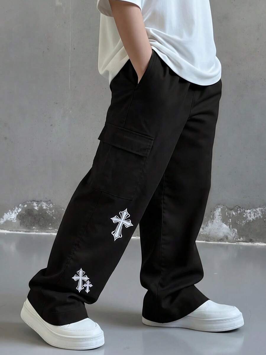 SHEIN Little Byeori 兒童青少年男孩休閒日常舒適工裝直筒寬鬆長褲，黑色工裝褲，新年款，6-7歲適用，適合外出、約會、上學，春夏秋冬四季穿著