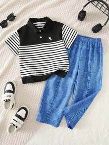 SHEIN 2pcs Young Boy Cute Print Urban Academy Casual Short Sleeve Black & White POLO Shirt And Elastic Waist Long Pants Set, Suitable For Birthday Party, Evening Party, Performance, Wedding, Full Moon, Baptism, 1st Birthday Celebration And Baby Shower - Multicolor - View 3