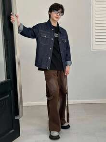 DAZY Men's Solid Color Denim Jacket, Autumn - Navy Blue - View 3