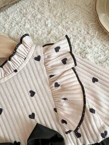 Girls' 2-Piece Style Heart Print Dress Fall Light Pink Ribbed Fabric With All-Over Little Black Hearts Ruffle Collar And Flutter Sleeves With Black Tr - Apricot - View 7