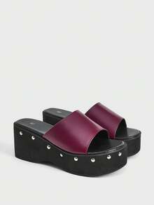 Sugerpunk Pantuflas de mujer de punta abierta con suela gruesa y remaches estilo locomotora - Burdeos - Ver 9