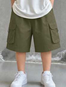 SHEIN Teen Boy Solid Color Casual Versatile Daily Wear Cargo Shorts - Army Green - View 3