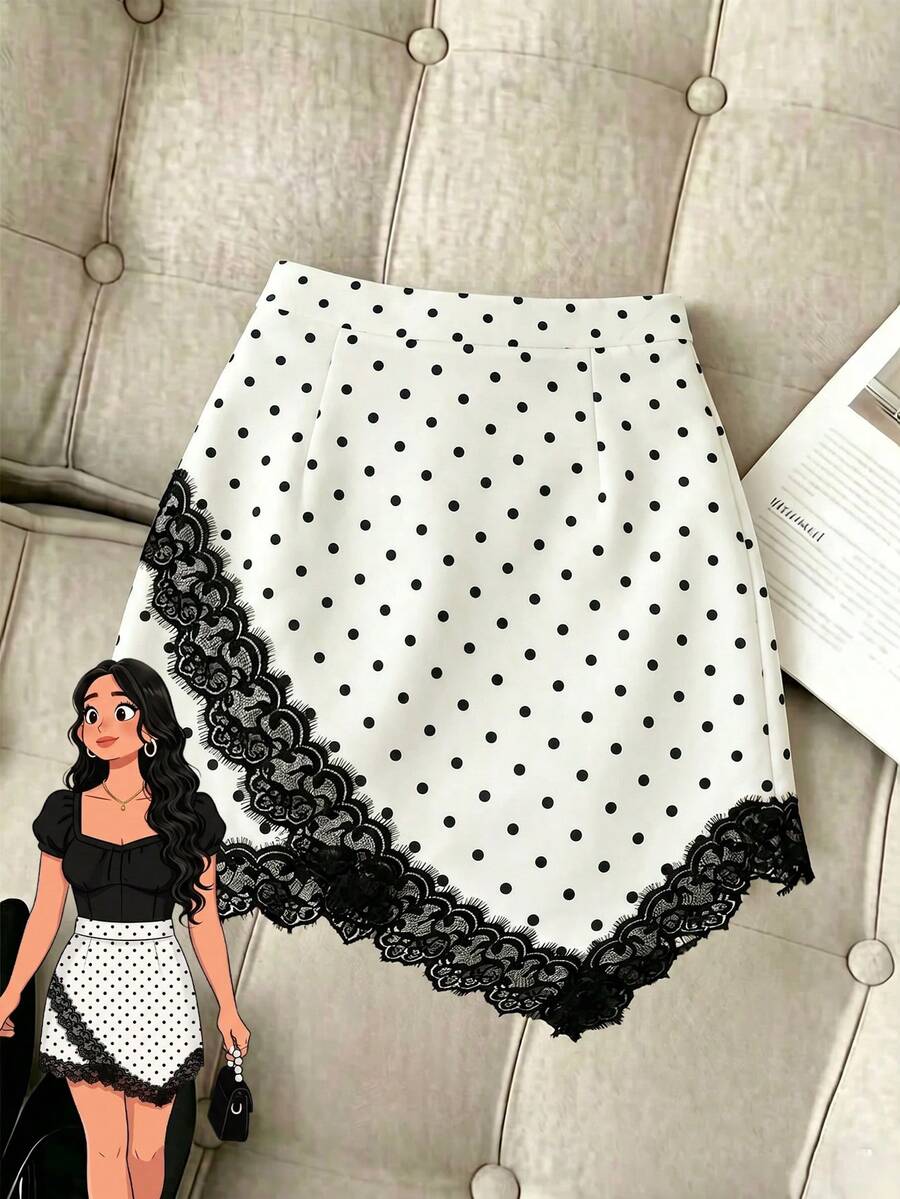 GlowEve CURVE Damenrock in großen Größen mit Spitzen-Patchwork und Polka Dots, elegant und lässig - Aprikosenfarben - Übersicht 1