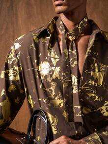 HIMLAND Luxurious Brown Shirt With Gold Metallic Abstract Print Long Sleeve Casual Button Down Top
Fashionable Long Sleeve Button Down Shirt Gold - Coffee Brown - View 1