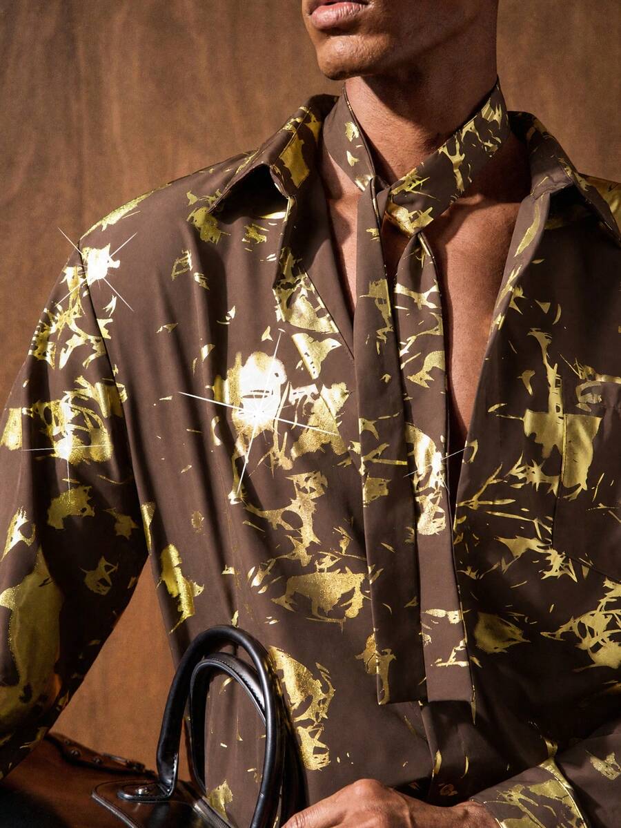 HIMLAND Luxurious Brown Shirt With Gold Metallic Abstract Print Long Sleeve Casual Button Down Top
Fashionable Long Sleeve Button Down Shirt Gold - Coffee Brown - View 1