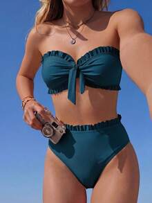 Swim Mod Women's Solid Color Vacation Beach Swimsuit Set - Blue - View 1