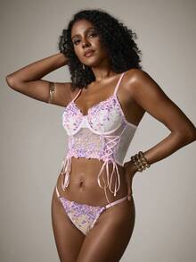 DreamPoppy 2pcs Women's Embroidered Lace Tie-Side Bow Camisole Top And Matching Triangle Panty Set. The Top Features Matching Lace Fabric With A Refined, Minimalist Design For A Fashionable Look. - Mauve Purple - View 9
