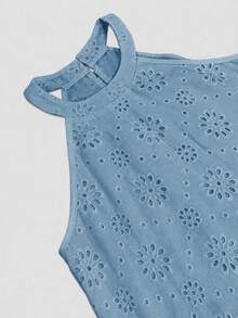 SHEIN Holidaya 女款鏤空刺繡匙孔露背掛脖式長版上衣洋裝 度假海灘穿搭 - 藍色 - 查看 8