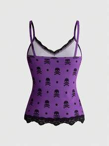 ROMWE Y2K Retro Musical Note & Staff Piano Keyboard Print Fitted Baby Tee With Lace Trim Tank Top 3 Pieces Set - Purple - View 12