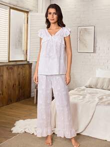 Serenescape Vacation Style Full Embroidery Heavy Craft Design Jacquard Floral Lace Trim Comfortable Tank Top & Long Pants Women's Pajama Set - White - View 4