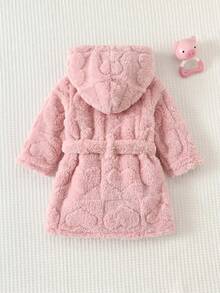 SHEIN Bata de felpa con capucha de manga larga para bebé recién nacido, otoño e invierno - Rosa - Ver 2