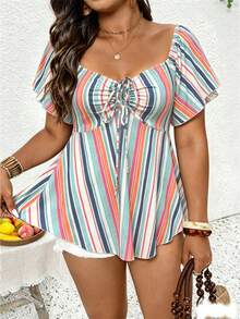 Lounesse Plus Size Vacation Ruched Tie-Front Striped T-Shirt Beach - Multicolor - View 3
