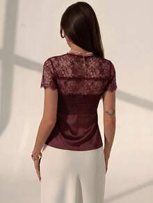 Aloruh Blus Satin Patchwork Renda Manis Elegan untuk Kencan Wanita - Merah tua - View 2