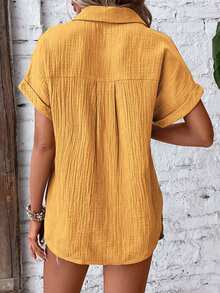 EMERY ROSE Summer Solid Color Single-Breasted Lapel Drop Shoulder Shirt Suitable For Daily Wear - Yellow - View 2