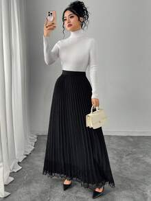 Modelyn Women's Elastic Waist Pleated Lace Patchwork Versatile Elegant Solid Color Skirt - Black - View 4