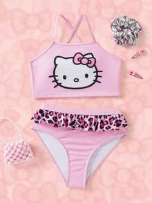 HELLO KITTY AND FRIENDS | SHEIN Setelan Baju Renang Dua Potong Atasan Camisole dan Bawahan Bikini Segitiga Motif Kartun untuk Anak Perempuan Remaja, Cocok untuk Liburan Musim Panas dan Pantai - Berwarna merah muda - View 1