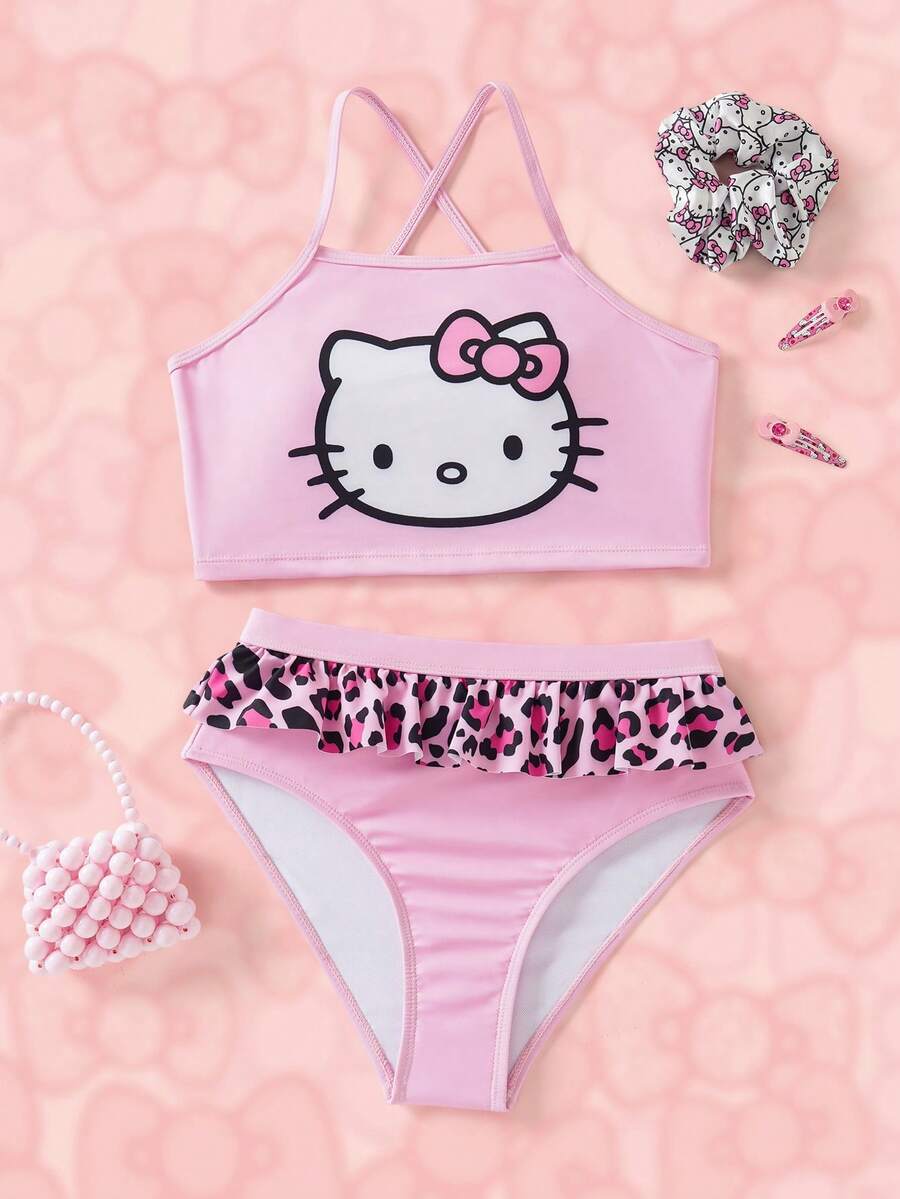 HELLO KITTY AND FRIENDS | SHEIN Setelan Baju Renang Dua Potong Atasan Camisole dan Bawahan Bikini Segitiga Motif Kartun untuk Anak Perempuan Remaja, Cocok untuk Liburan Musim Panas dan Pantai - Berwarna merah muda - View 1