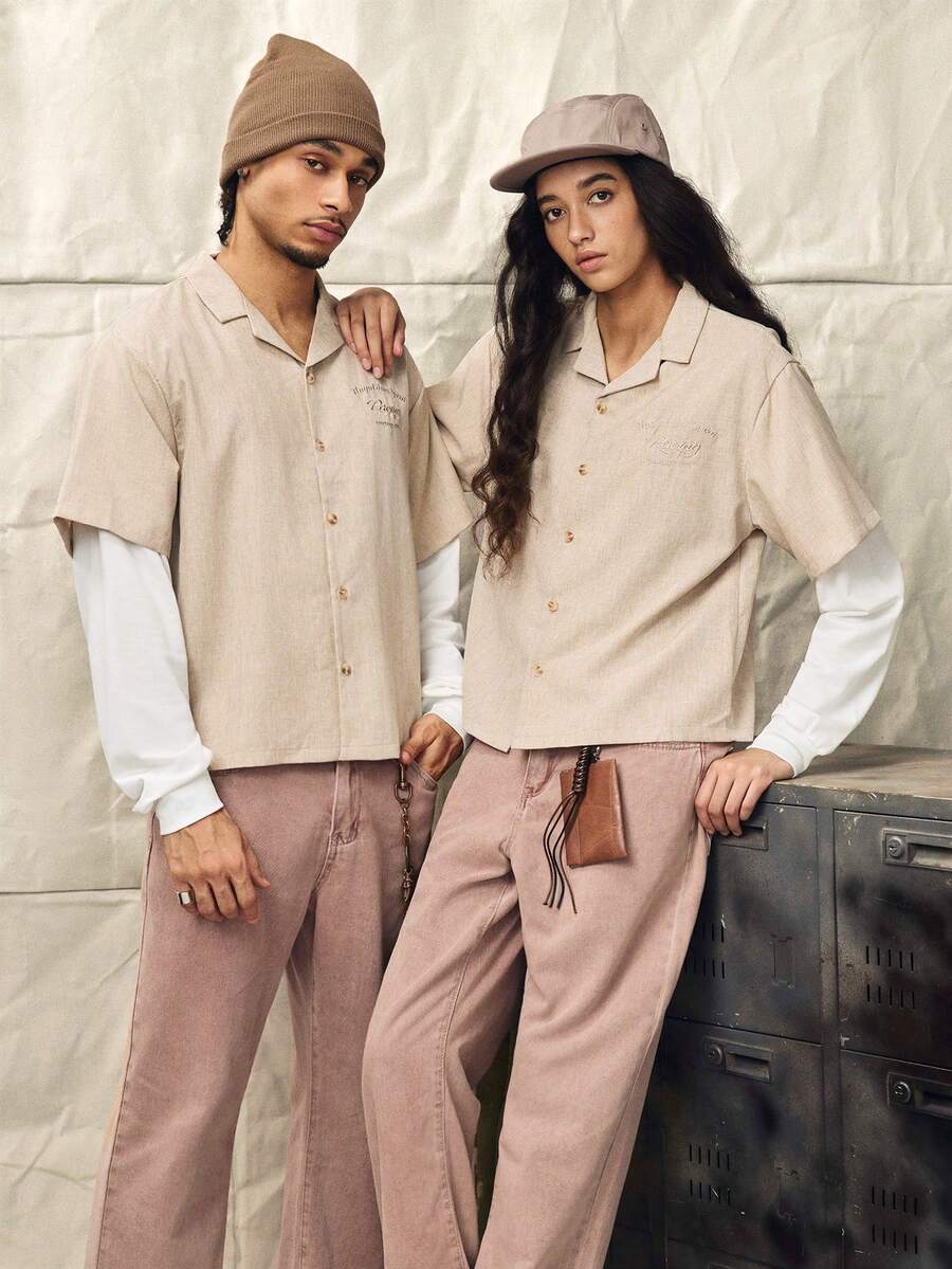 Men's Embroidered Single-Breasted Patchwork Sleeve Fashion Shirt - Brown - View 1