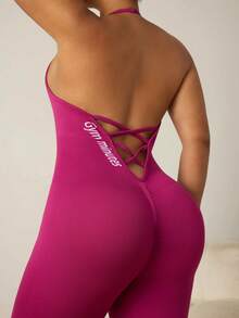 SHEIN Rhythm Era Women's Plus Size Backless Halter Neck Fitted Sports Jumpsuit - Violet Purple - View 3