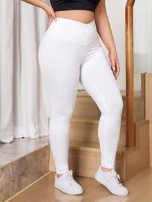 SHEIN Tall CURVE 大尺碼女款純色不對稱腰線休閒緊身褲 - 米色 - 查看 6