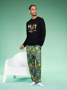 SCOOBY-DOO X SHEIN Men 2pcs/Set Cartoon Print Knit Black Long Sleeve Top And Long Pants Loungewear Set, Fall Winter Clothes - Black - View 3