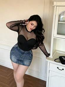 Vibekara Polka Dot Mesh 2 In 1 Top, Plus Size Ruched Waist Sheer Base Layer, Flocked Polka Dot Mesh Long Sleeve Top, 2 In 1 Bandeau Ruched Waist Slimming Sexy - Black - View 5