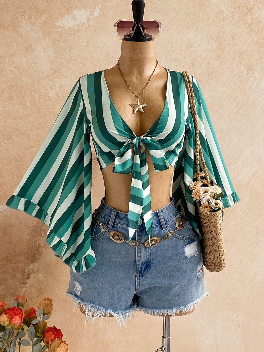 Soleia 女款綠色條紋拼接休閒輕盈熱帶波西米亞風流蘇百搭日常穿著襯衫,適合海灘度假與秋季 - 綠色 - 查看 1