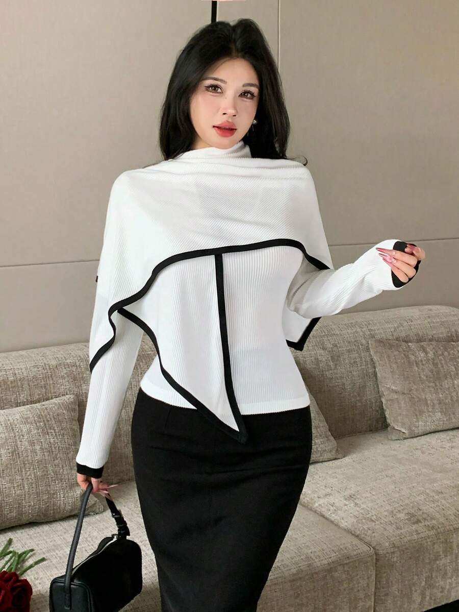 Celisse Women's Design Patchwork Contrast Color Shawl Collar Long Sleeve V-Neck Knit Base Layer T-Shirt, Elegant Commute Style For Autumn - Multicolor - View 1
