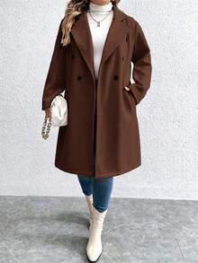 Elenzga Plus Size Women's Solid Color Fashion Versatile Daily Wear Overcoat - Brown - View 7