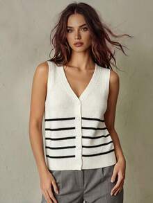 SHEIN Franclia Women's New Spring/Summer French-Style Casual Modest Knit Striped Vest, Single-Breasted Button, Hollow Knit Texture Vest, Soft Atmosphere, Vacation - Black and White - View 2