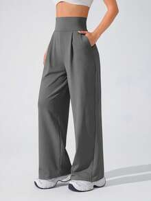 Easithlete Easithlete Women's Solid Color High Waist Pocket Loose Fit Sports Pants - Flint Stone - View 3