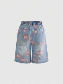 ROMWE Fairycore Celana Jeans Wanita Ukuran Besar Model Longgar dengan Potongan Lebar dan Motif Bunga Vintage. - Biru - View 2