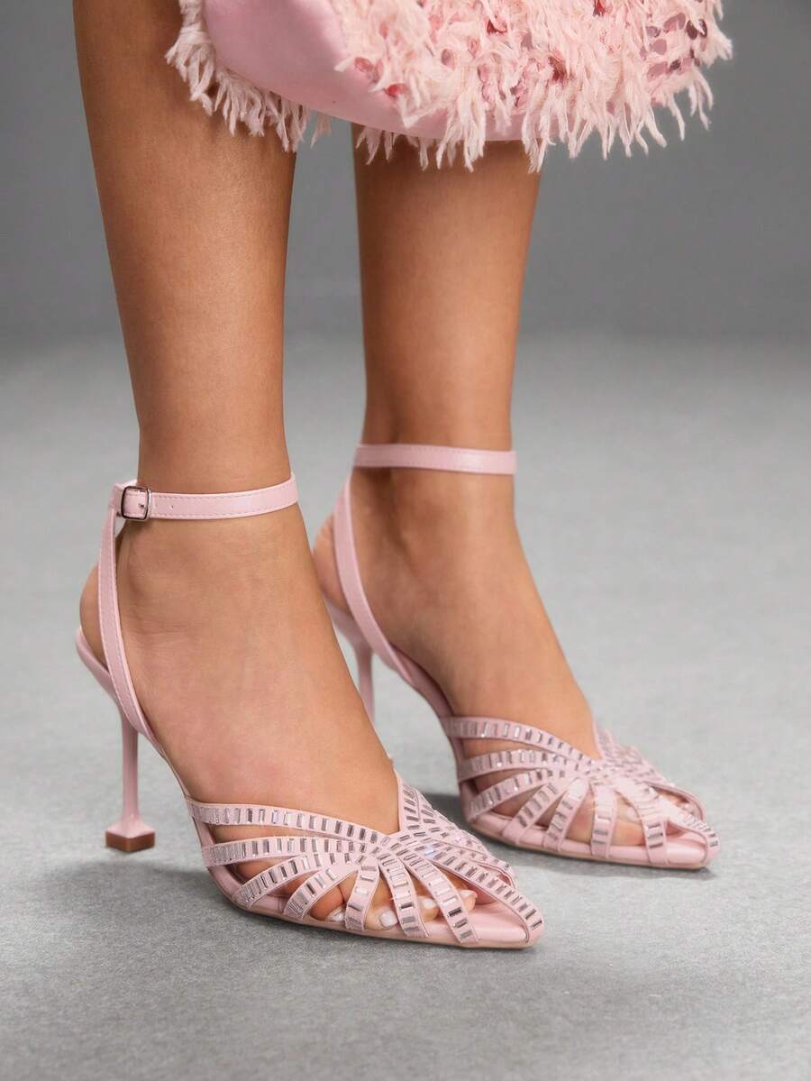 CUCCOO SZL New European And American Fashion Rhinestone Hollow Lace-Up Pointed High-Heeled Sandals Fall Shoes - Baby Pink - View 1