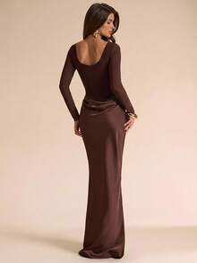 SHEIN BAE فستان سهرة طويل بطول الأرض للخريف والشتاء، بني داكن، بياقة مربعة وتصميم كورسيه مع لوحة شبكية وكشكشة ضيق الجسم وأكمام طويلة، مناسب لعيد الشكر والكريسماس ورأس السنة - بني - مشاهدة 2