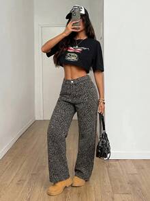 SHEIN PETITE 女款豹紋直筒牛仔褲 秋季教師風格長褲 - 彩色 - 查看 4